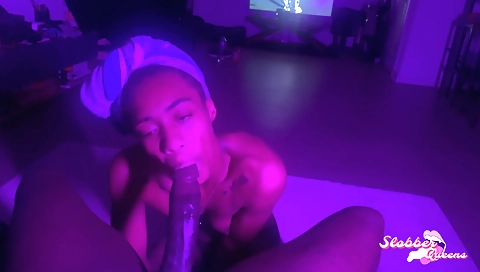 Ebony girl deepthroats her boyfriend in POV porn video