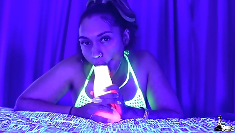 Ebony teen rides a big sex toy in homemade solo video