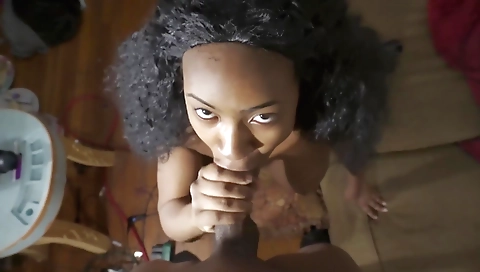 Ebony brunette with a big fat cock gets deepthroated