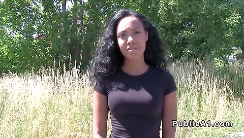 Ebony woman in a black dress fucking a big dick in public