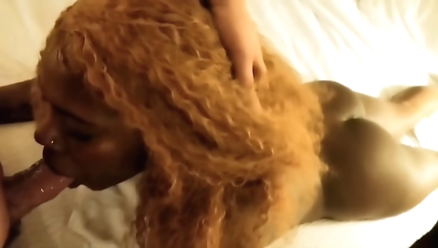 Ebony teen gives a deepthroat blowjob to her lover