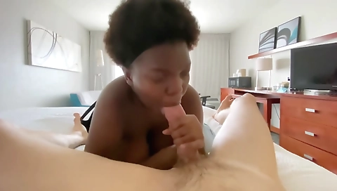 Big boobs black ebony girl deep throats with a big cock