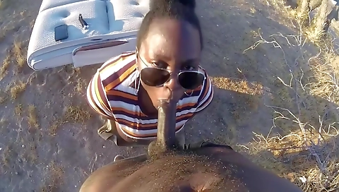 Ebony girl with a small ass fucks in the house outdoors