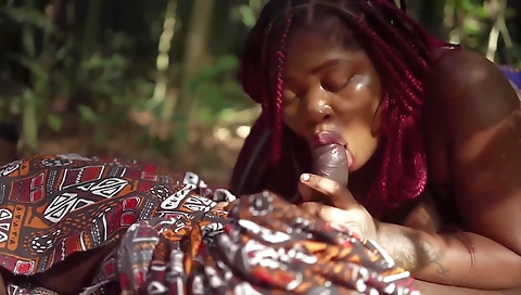 Horny ebony babe and her big cock lover make a show