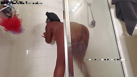 Brunette black girl with sexy black hair gets fucked in shower