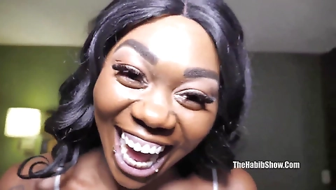 Ebony hottie gets her mouth full of cum from a black cock