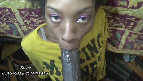 Ebony milf gives a blowjob and gets a facial from a black dick