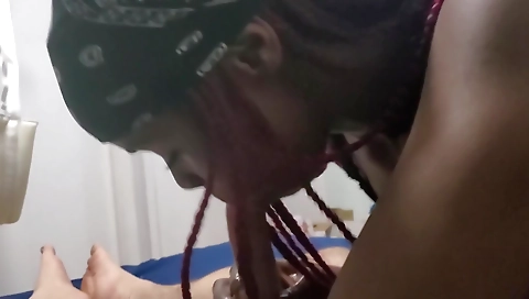 Ebony teen with natural tits gets fucked and licked by a white cock