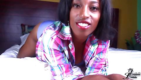 Ebony slut sucking a cock in her private black lingerie