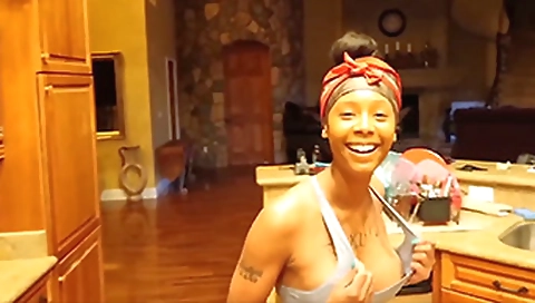 Ebony hottie with big tits is sliding her mouth on her boyfriend