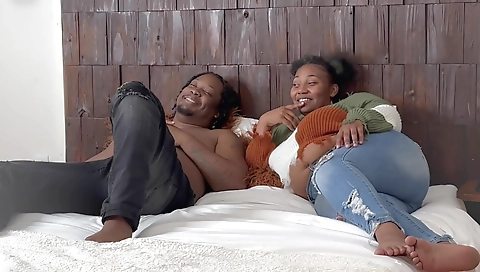 Ebony brunette fucks with a great blowjob and creampie