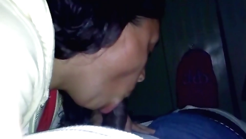 Bright ebony slut with a shaved pussy is sucking a cock