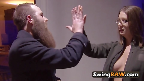 Hot brunette and ebony girl are swingers in an interracial scene