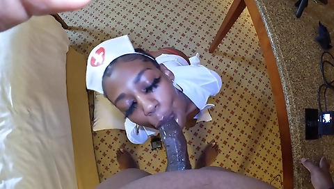 Ebony nurse enjoys deepthroat blowjob from black dick